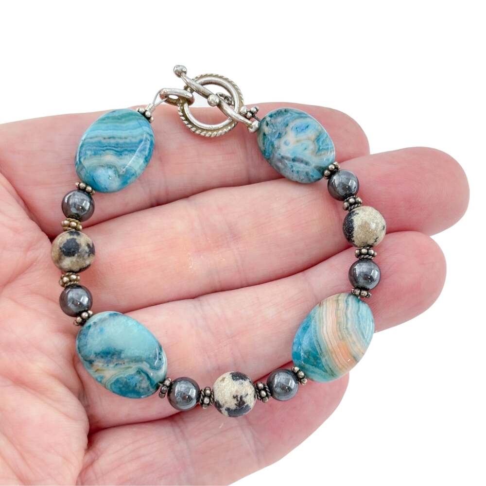 Vintage Sterling Silver 925 Blue Agate and Hematite Bead Bracelet 7 Inches
